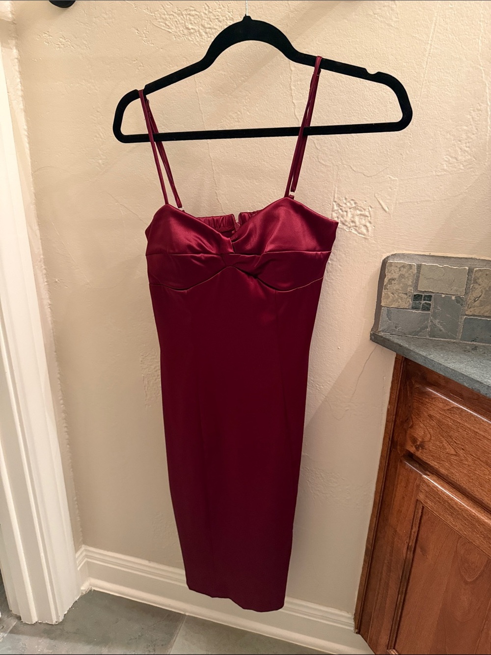 Vintage Satin Midi Slip Dress in Deep Wine with Spaghetti Straps